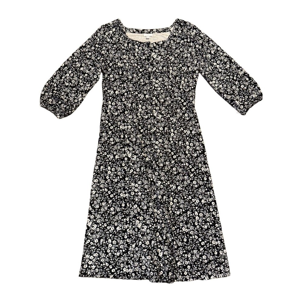 J Jill Dress Midi L Tall Black Garden Ditsy Floral Cottage Stretch Knit Buttons